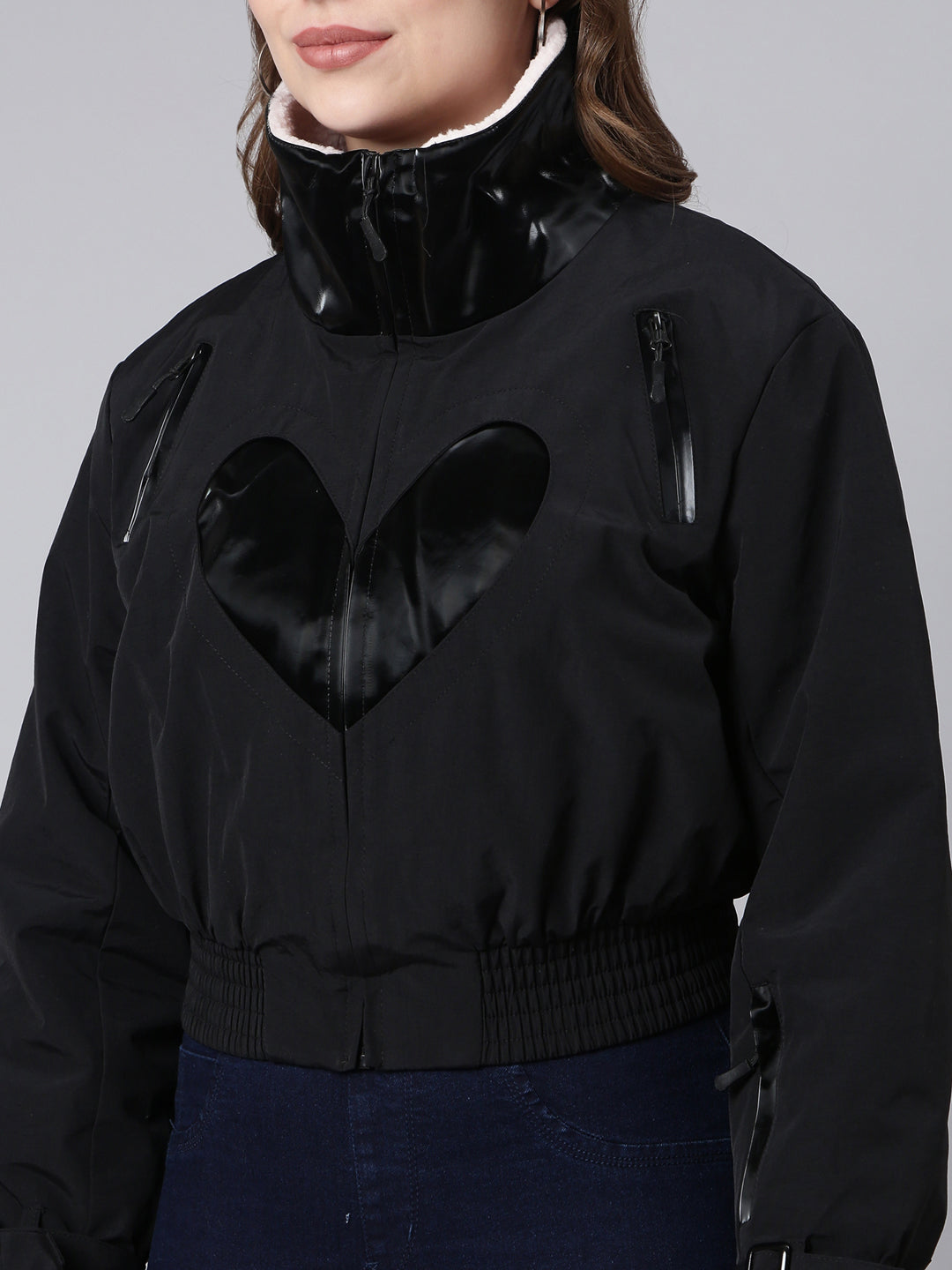 Women's Black Mock Collar Long Sleeves Crop Puffer Jacket