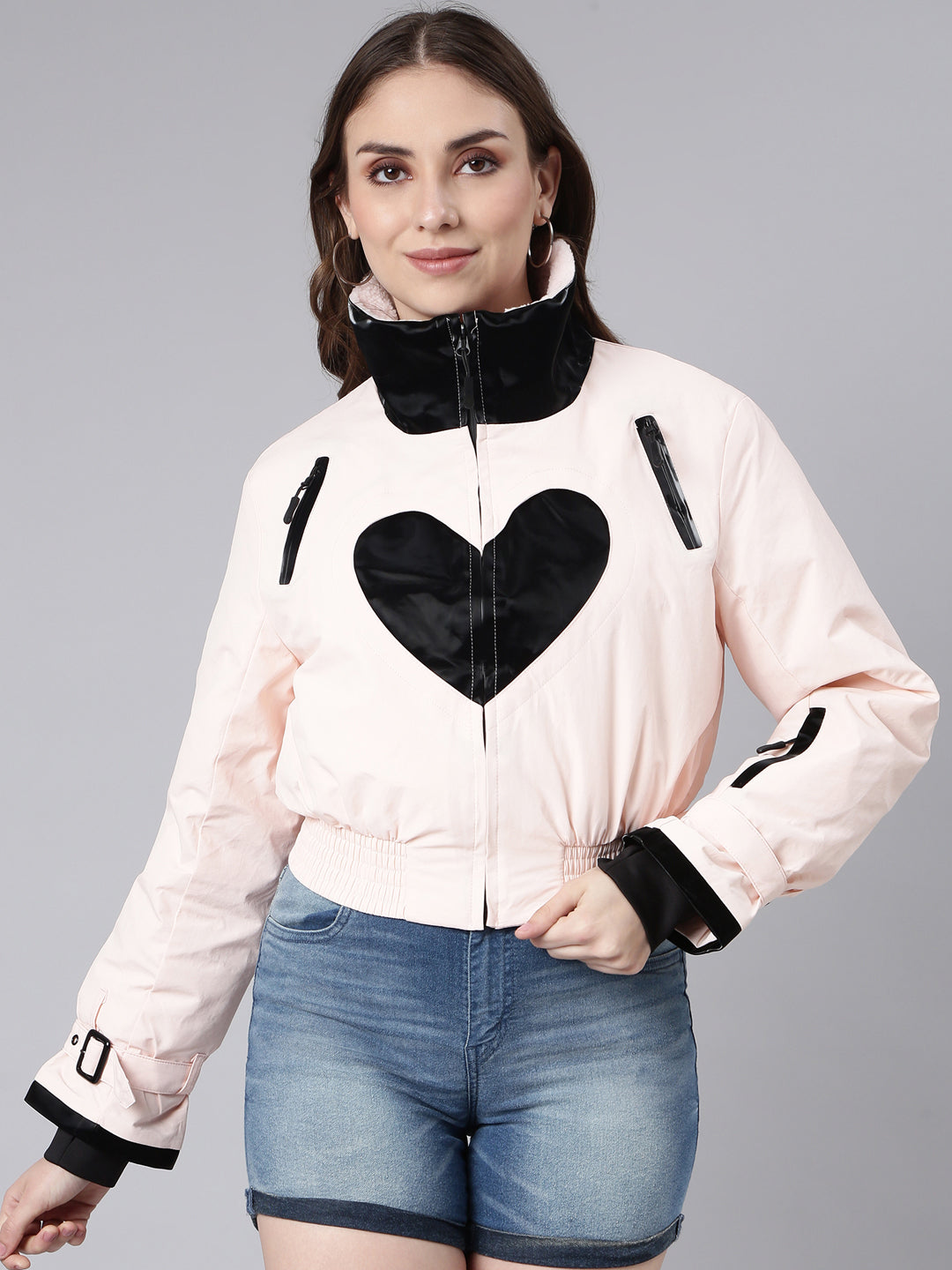 Women's Peach Colour blocked Long Sleeves Crop Puffer Jacket
