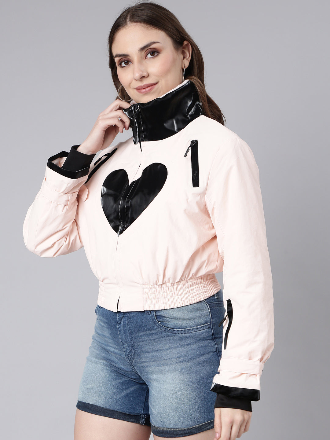 Women's Peach Colour blocked Long Sleeves Crop Puffer Jacket