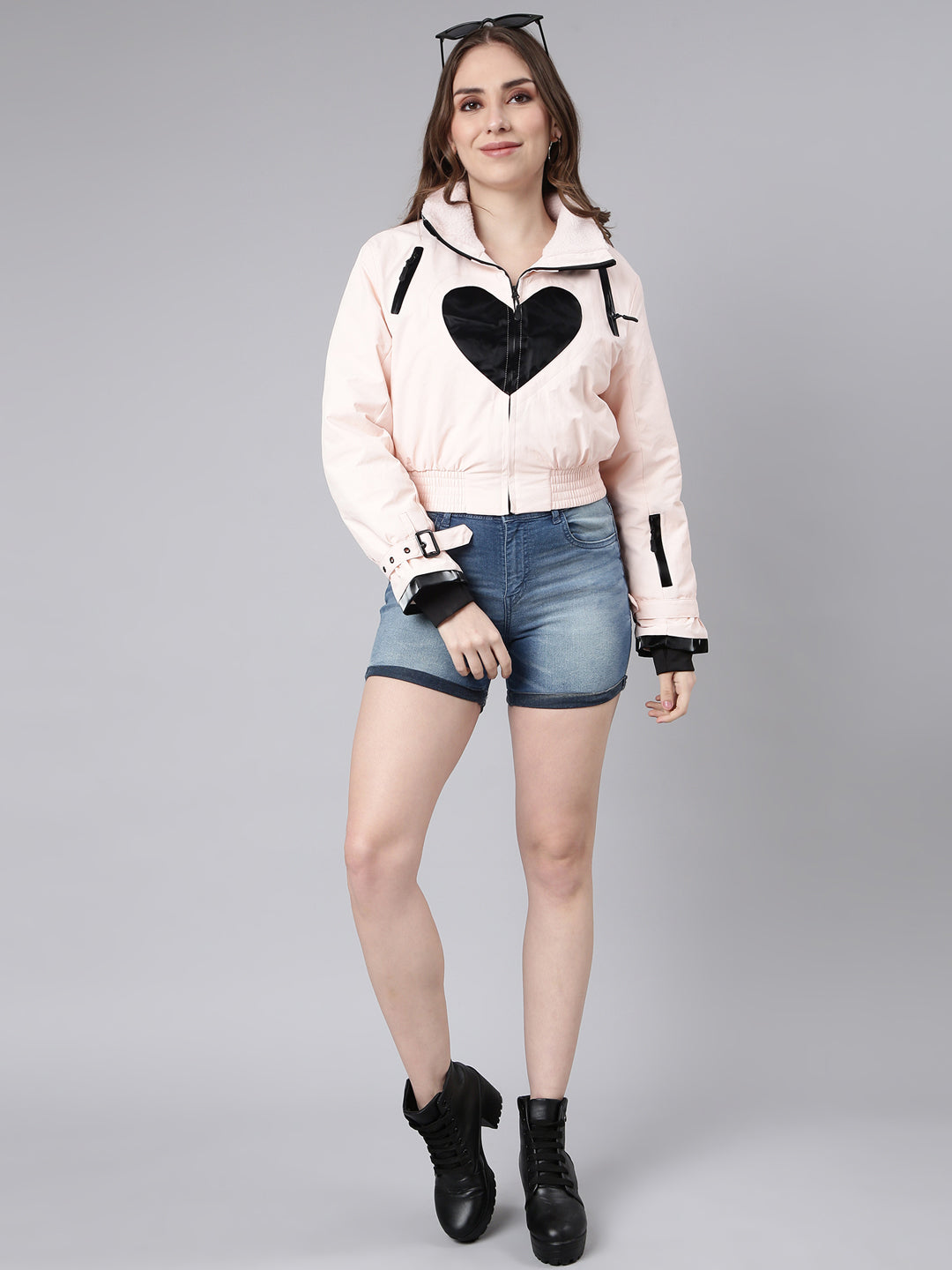Women's Peach Colour blocked Long Sleeves Crop Puffer Jacket