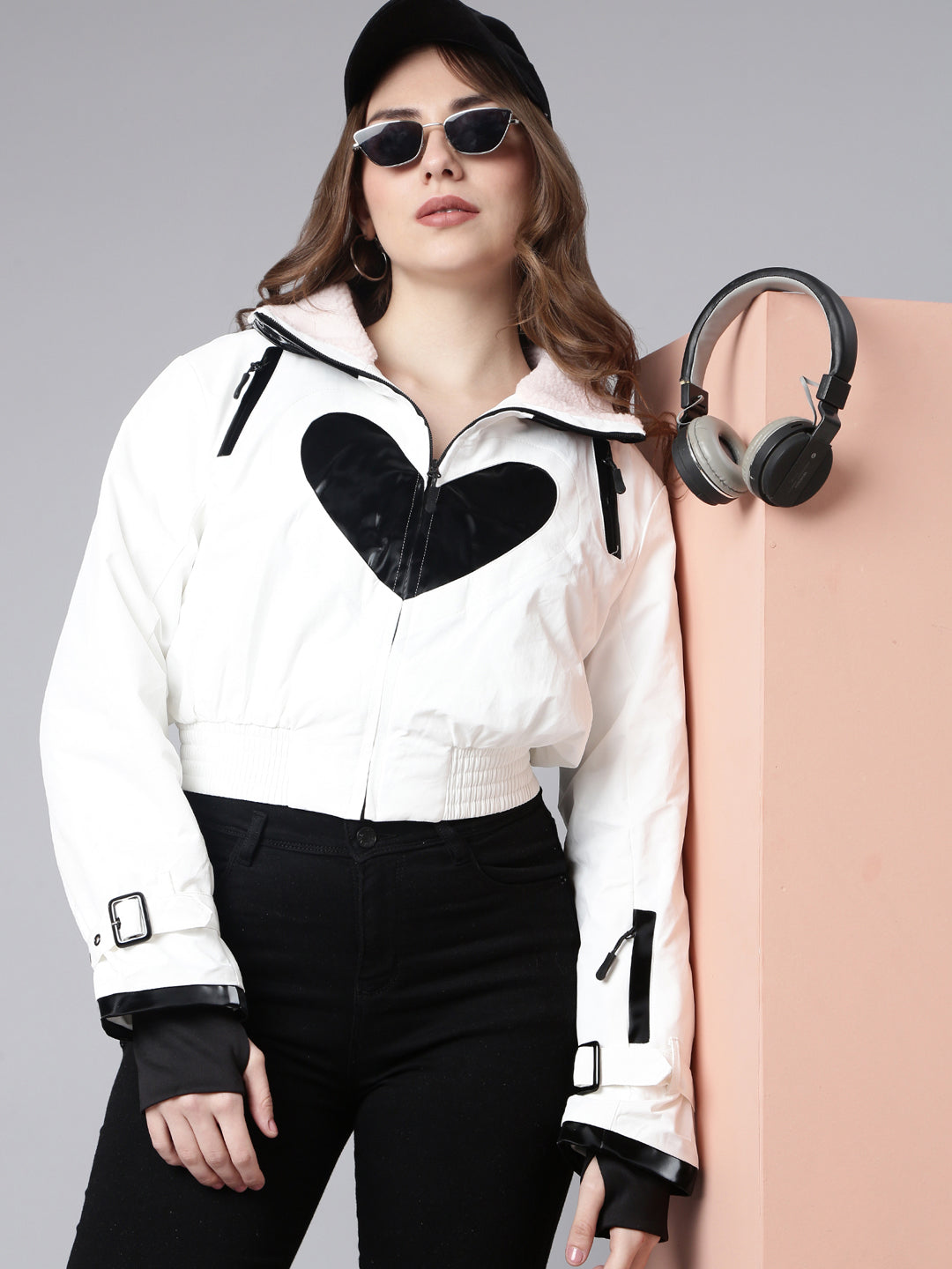 Women's White Mock Collar Crop Puffer Jacket