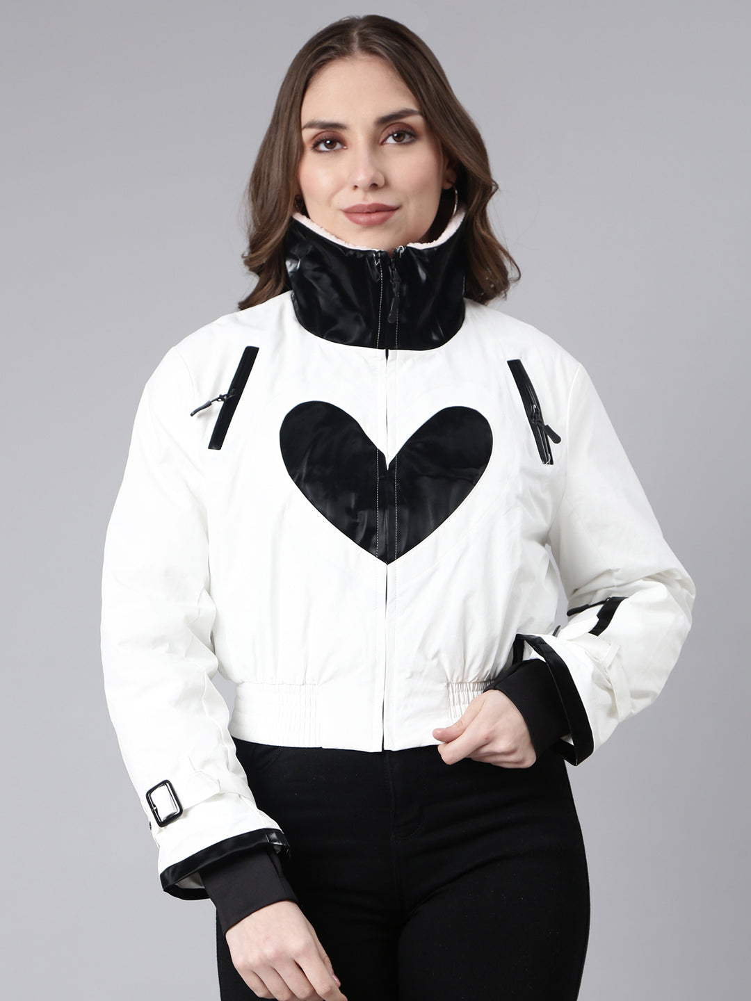 Women's White Mock Collar Crop Puffer Jacket