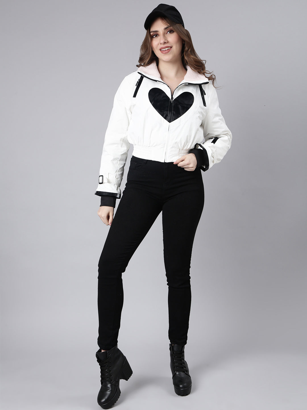 Women's White Mock Collar Crop Puffer Jacket