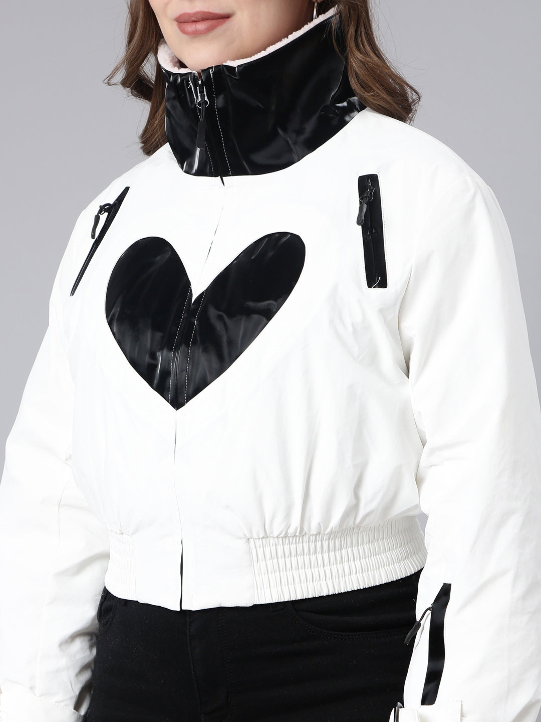Women's White Mock Collar Crop Puffer Jacket