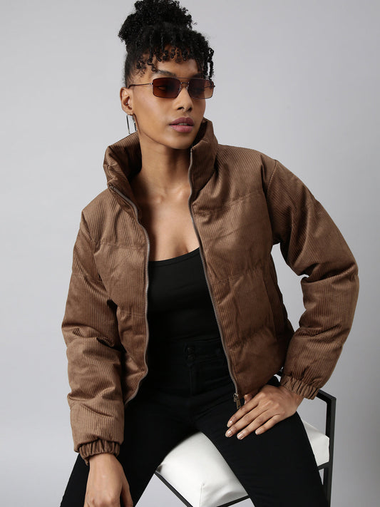 Women's Brown Mock Collar Cotton Puffer Jacket