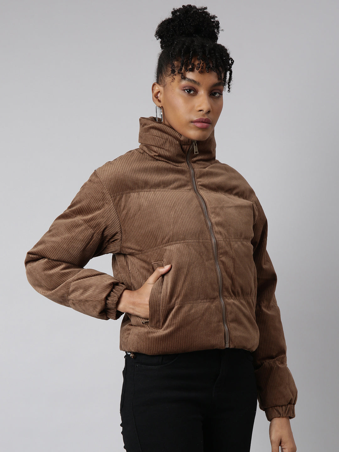 Women's Brown Mock Collar Cotton Puffer Jacket