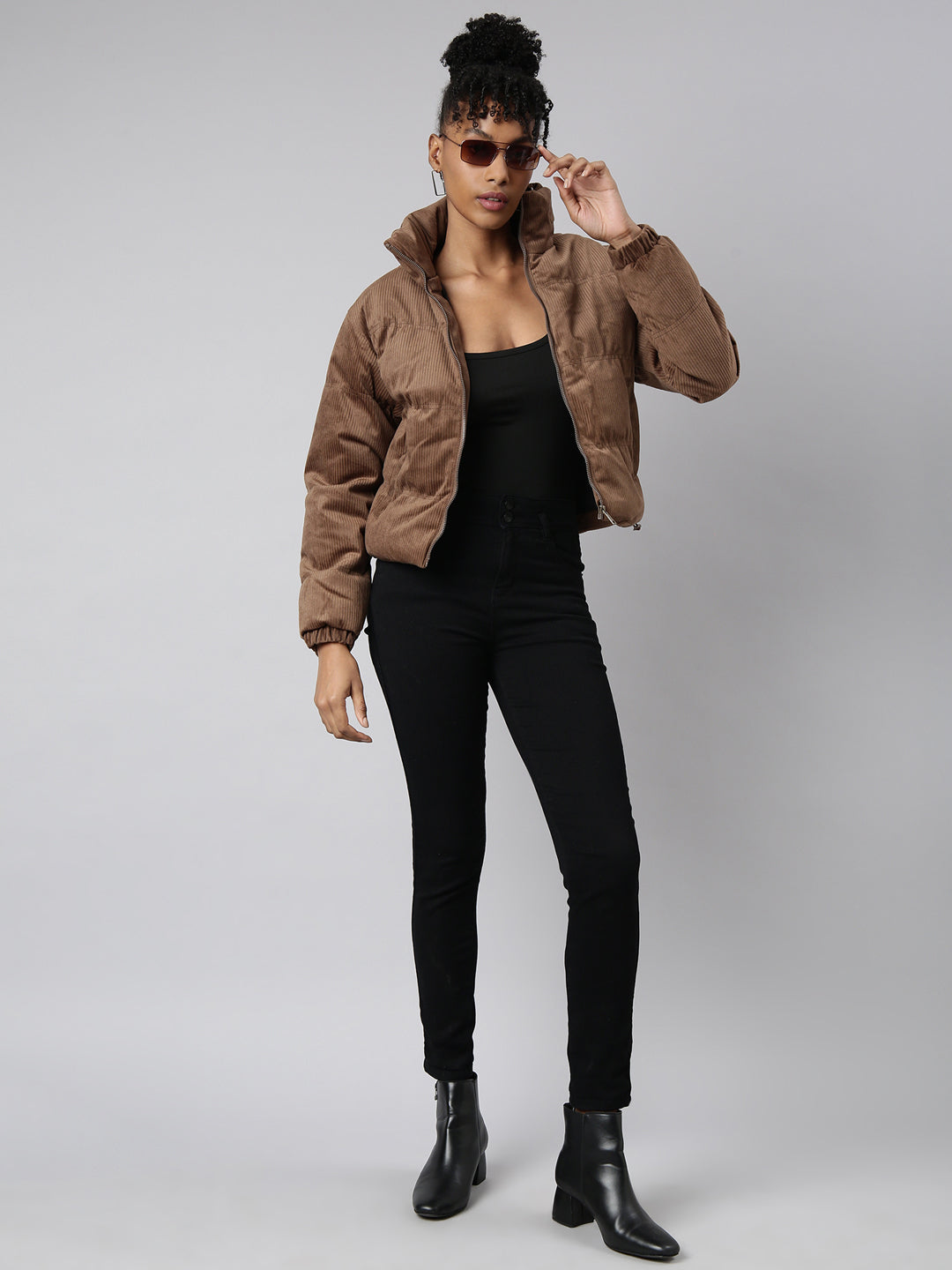 Women's Brown Mock Collar Cotton Puffer Jacket