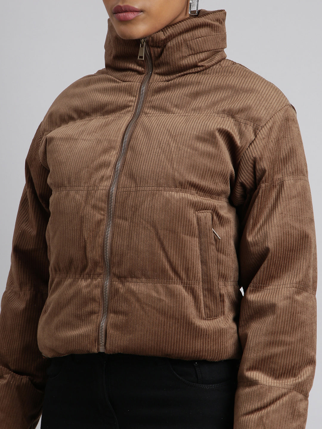 Women's Brown Mock Collar Cotton Puffer Jacket