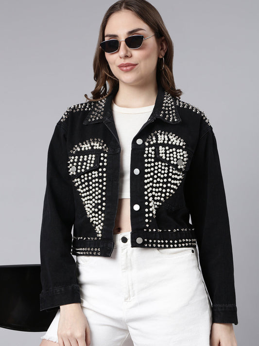 Women's Solid Black Crop Drop Shoulder Denim Jacket