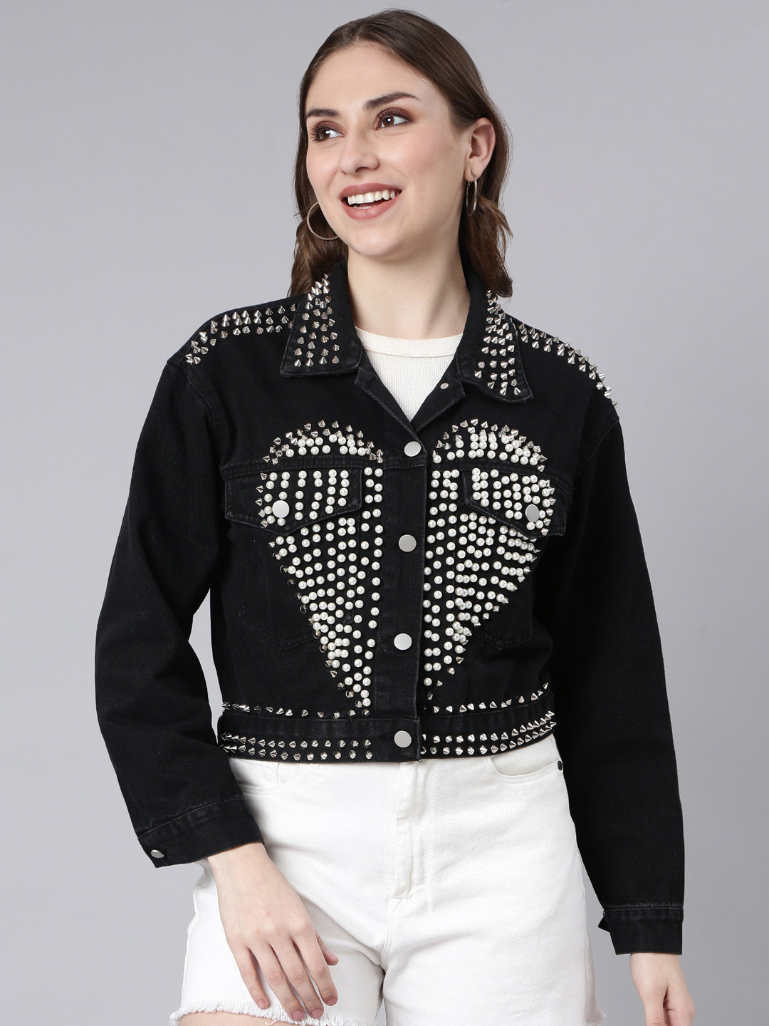 Women's Solid Black Crop Drop Shoulder Denim Jacket