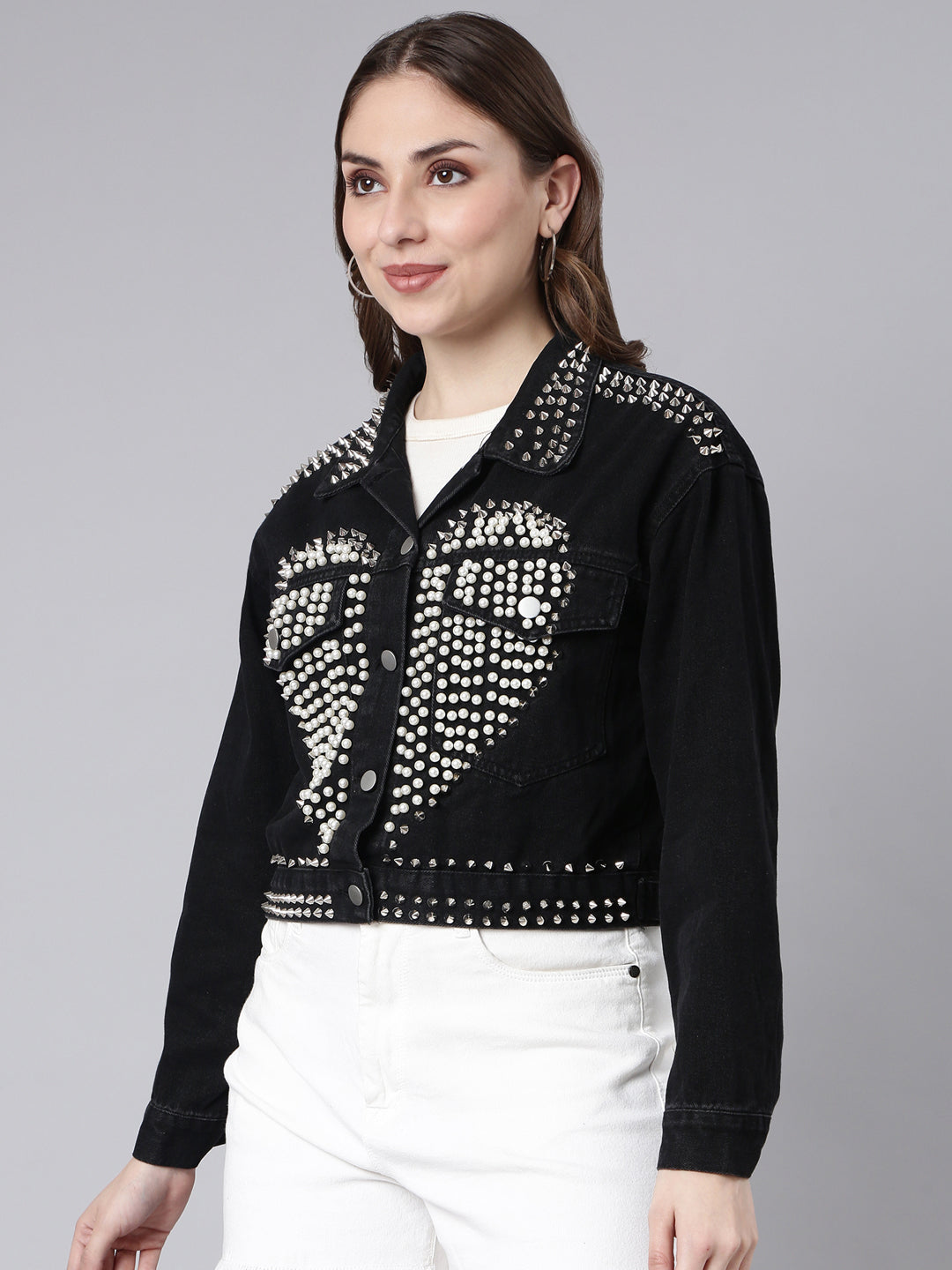 Women's Solid Black Crop Drop Shoulder Denim Jacket