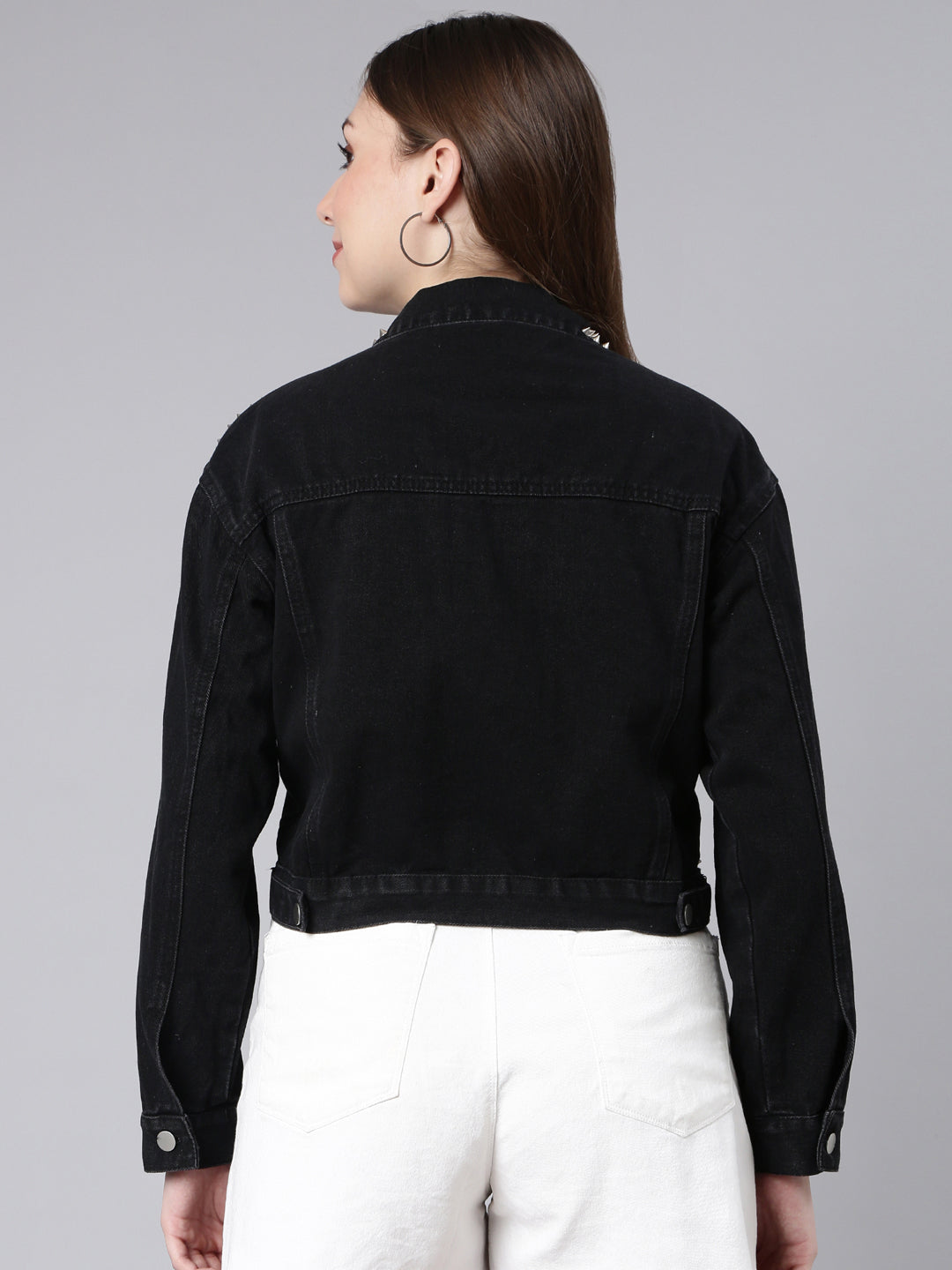 Women's Solid Black Crop Drop Shoulder Denim Jacket