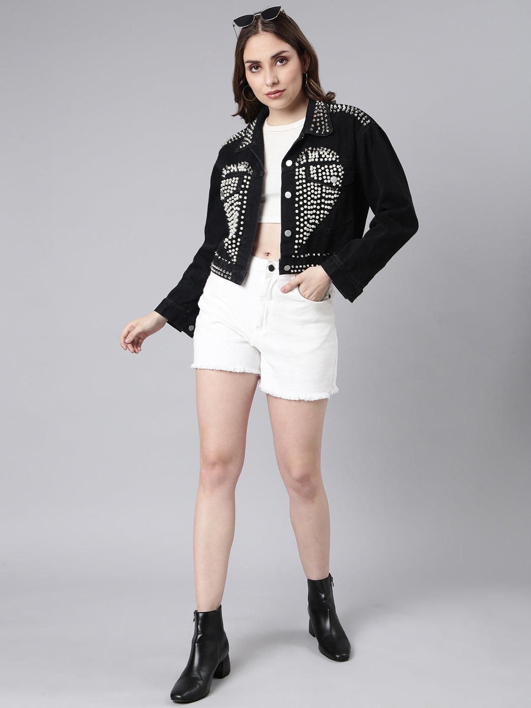 Women's Solid Black Crop Drop Shoulder Denim Jacket