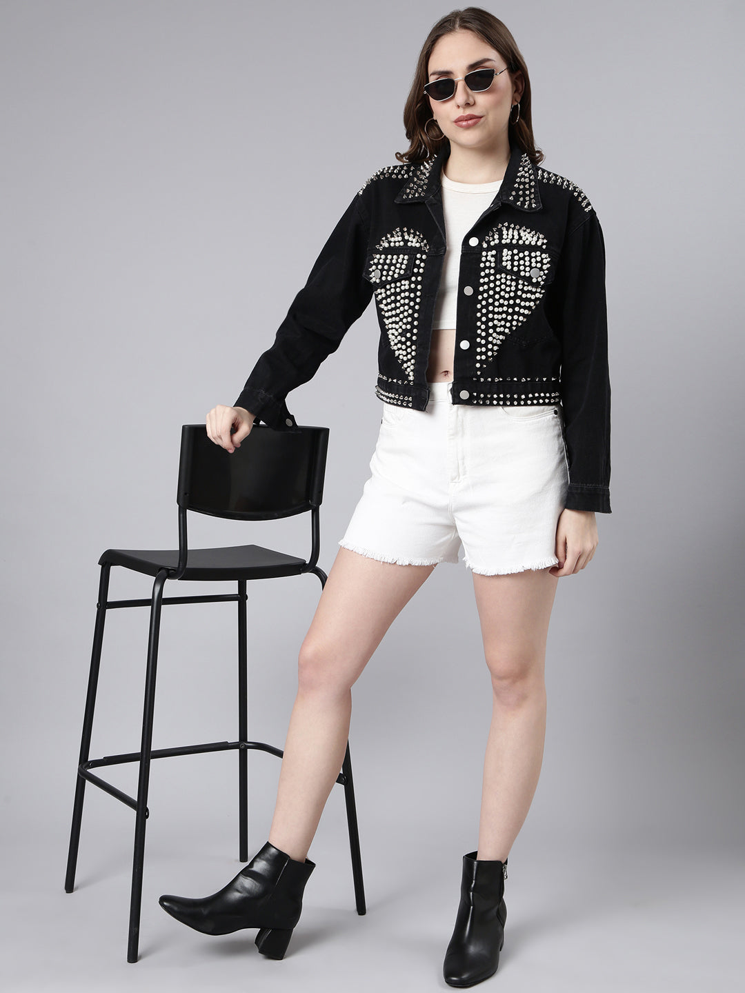 Women's Solid Black Crop Drop Shoulder Denim Jacket