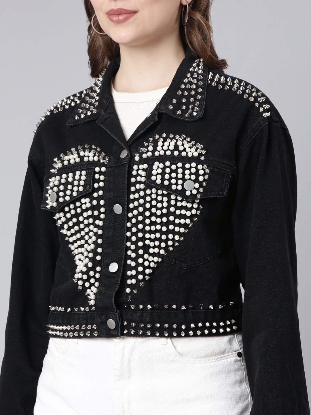 Women's Solid Black Crop Drop Shoulder Denim Jacket