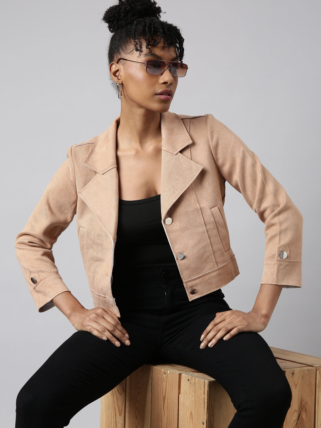 Women's Beige Lapel Collar Suede Crop Tailored Jacket