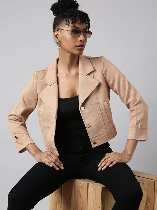 Women's Beige Lapel Collar Suede Crop Tailored Jacket