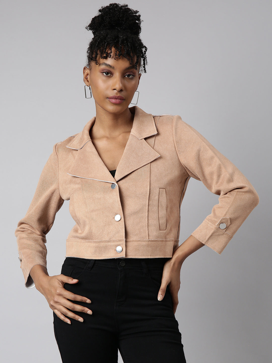 Women's Beige Lapel Collar Suede Crop Tailored Jacket