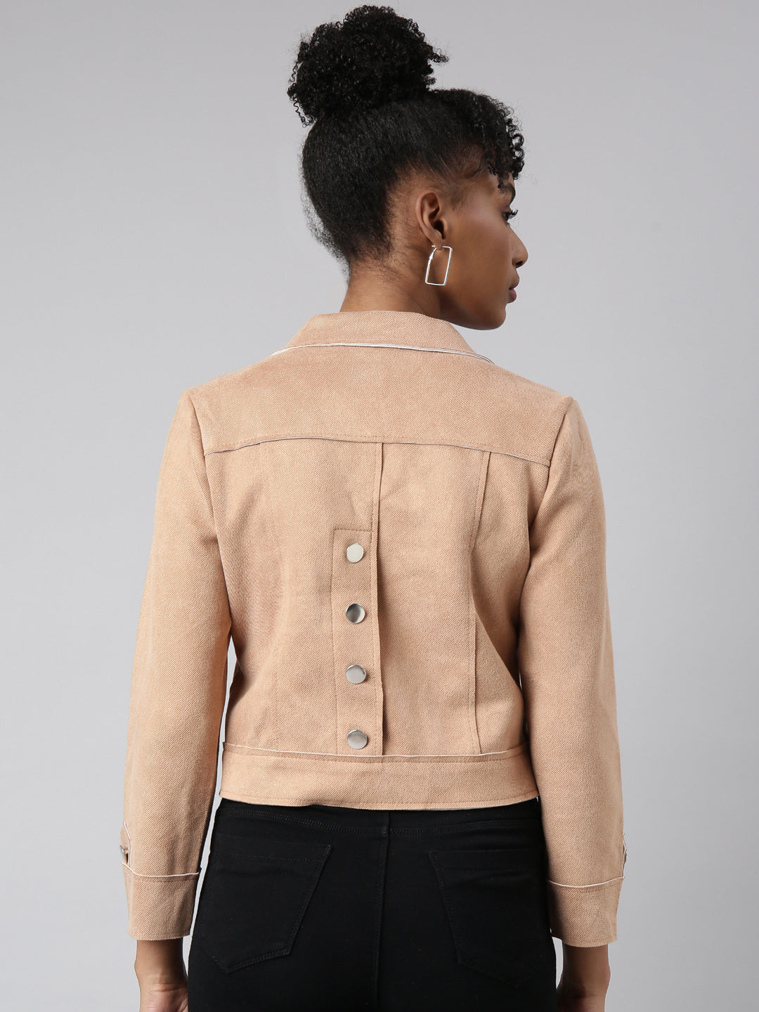 Women's Beige Lapel Collar Suede Crop Tailored Jacket