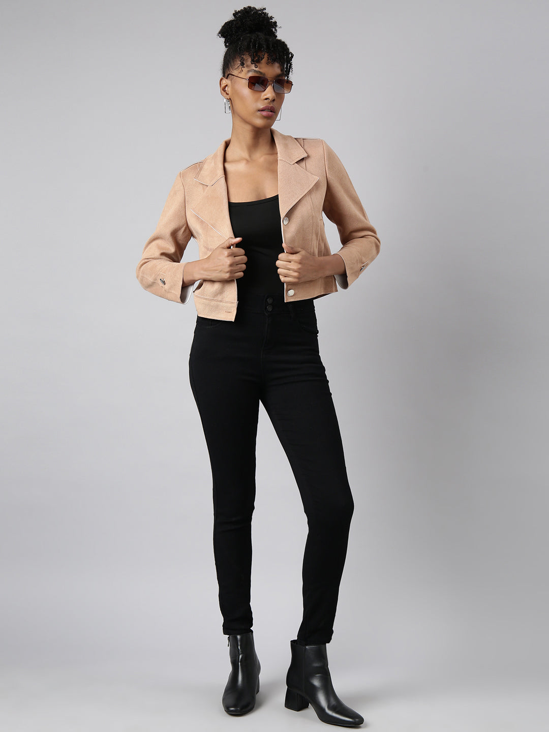 Women's Beige Lapel Collar Suede Crop Tailored Jacket