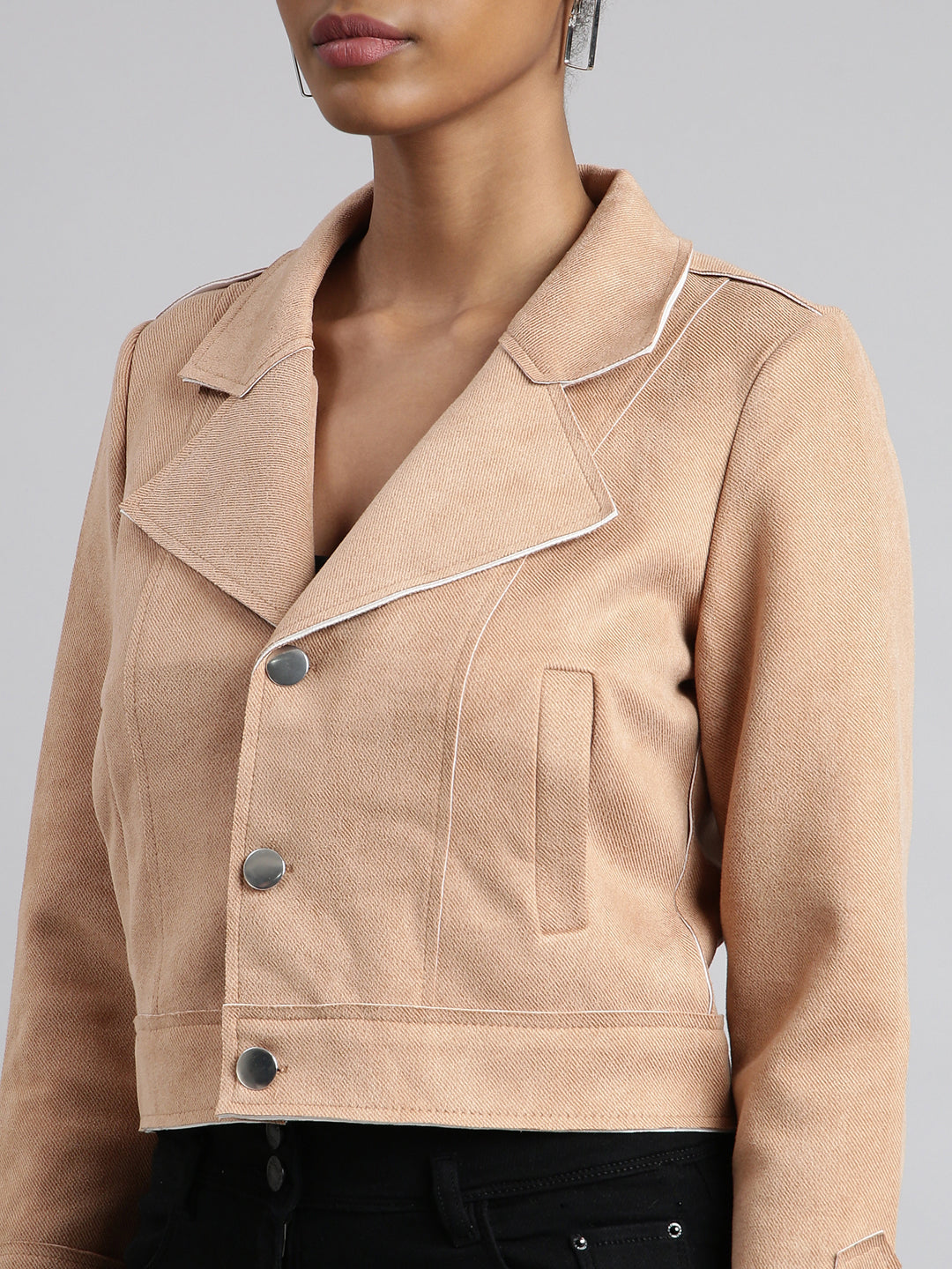 Women's Beige Lapel Collar Suede Crop Tailored Jacket