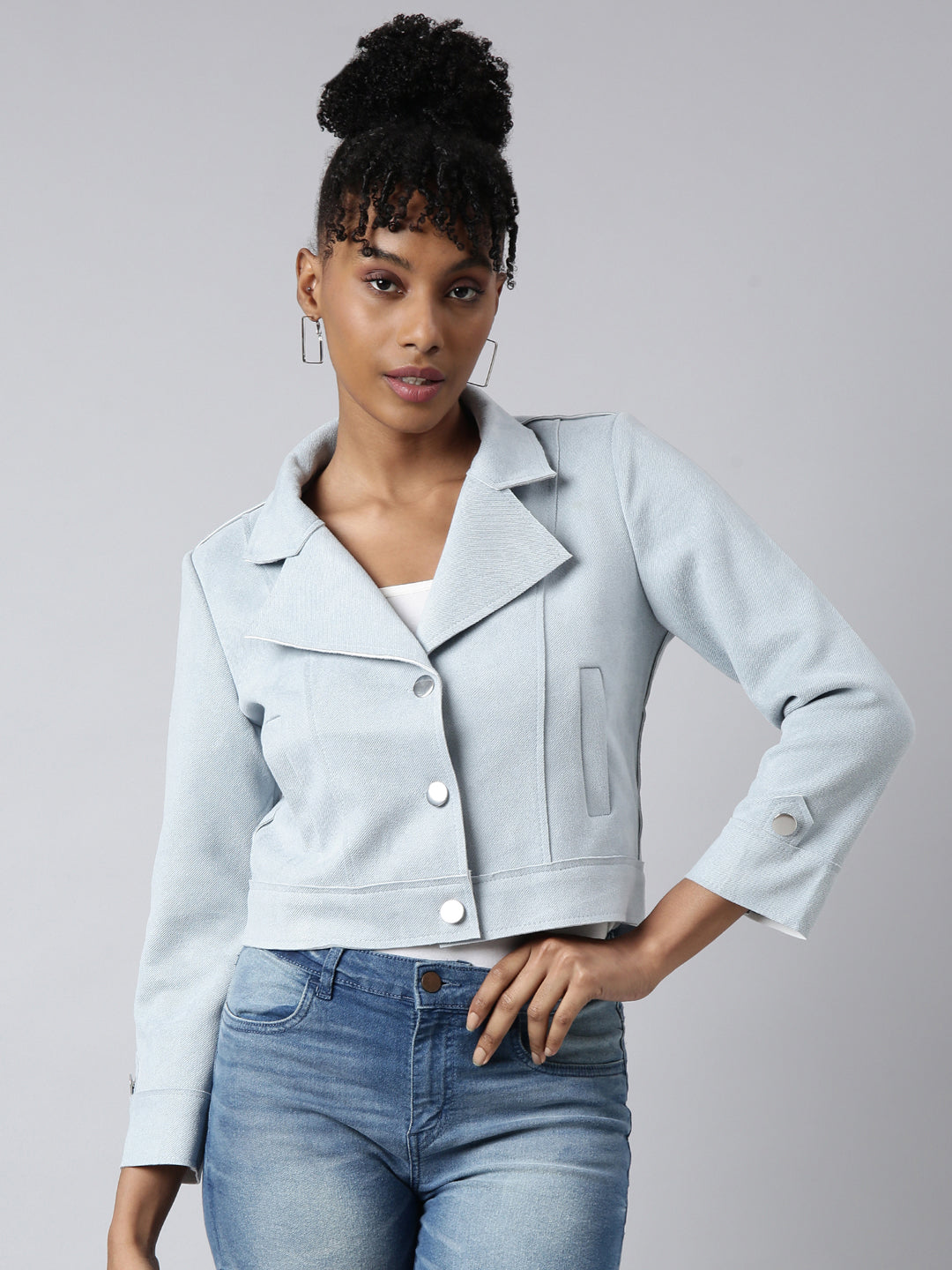 Women's Solid Blue Crop Tailored Jacket