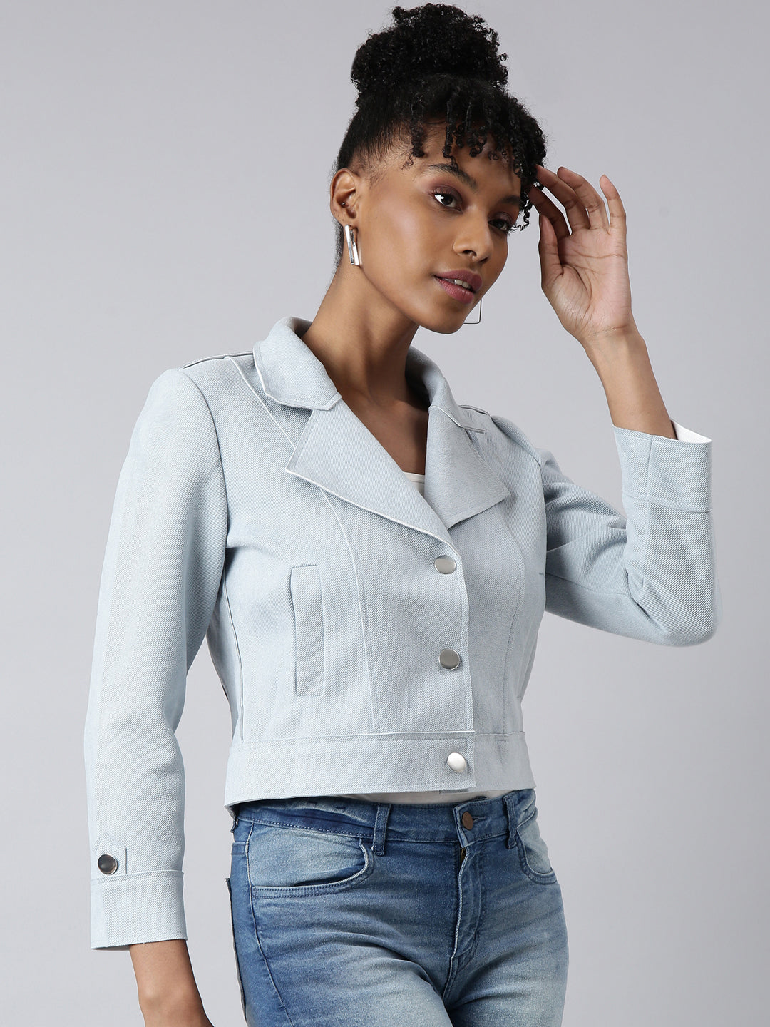 Women's Solid Blue Crop Tailored Jacket