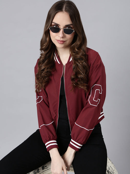 Women's Maroon Mock Collar Crop Bomber Jacket