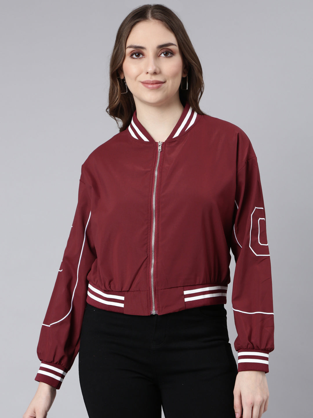 Women's Maroon Mock Collar Crop Bomber Jacket