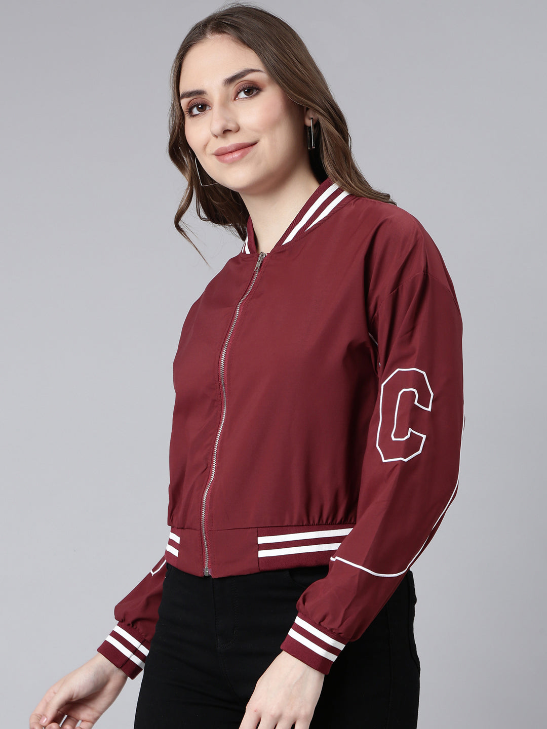 Women's Maroon Mock Collar Crop Bomber Jacket