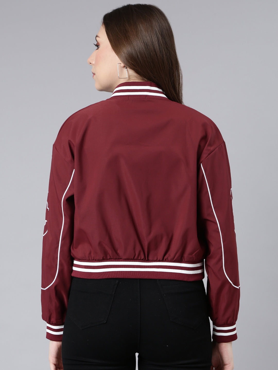 Women's Maroon Mock Collar Crop Bomber Jacket
