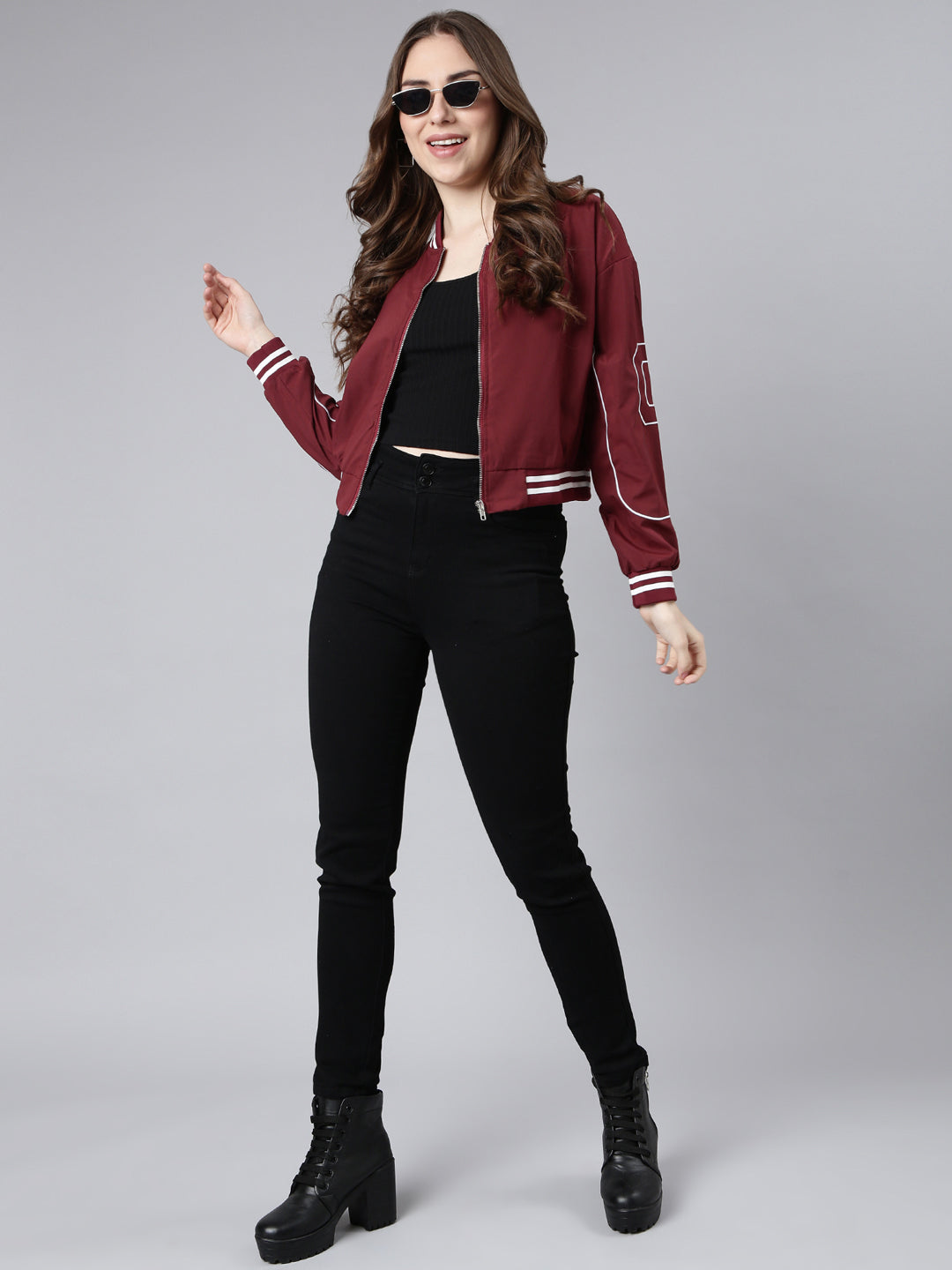 Women's Maroon Mock Collar Crop Bomber Jacket