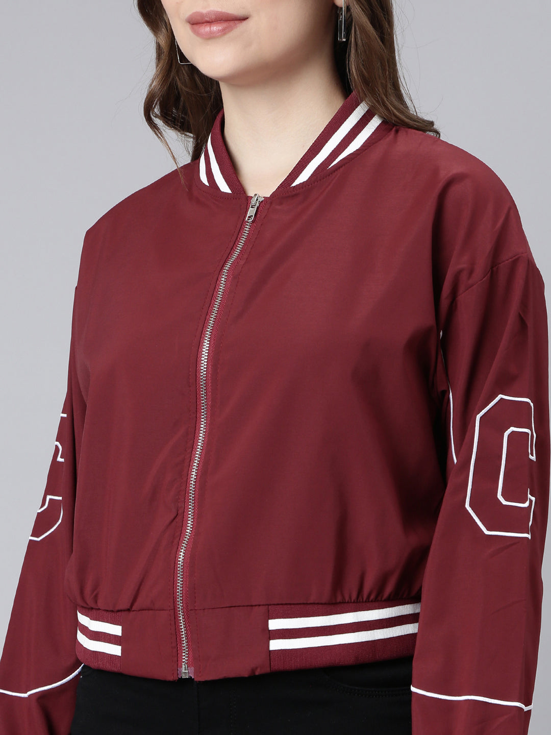 Women's Maroon Mock Collar Crop Bomber Jacket