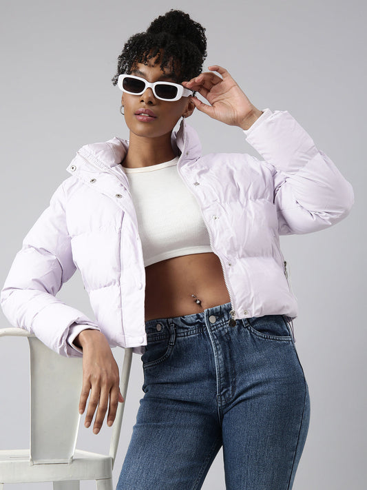 Women's Lavender Washed Windcheater Crop Puffer Jacket