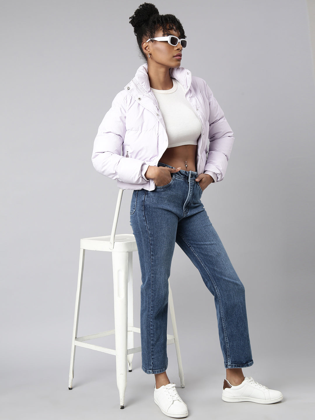 Women's Lavender Washed Windcheater Crop Puffer Jacket