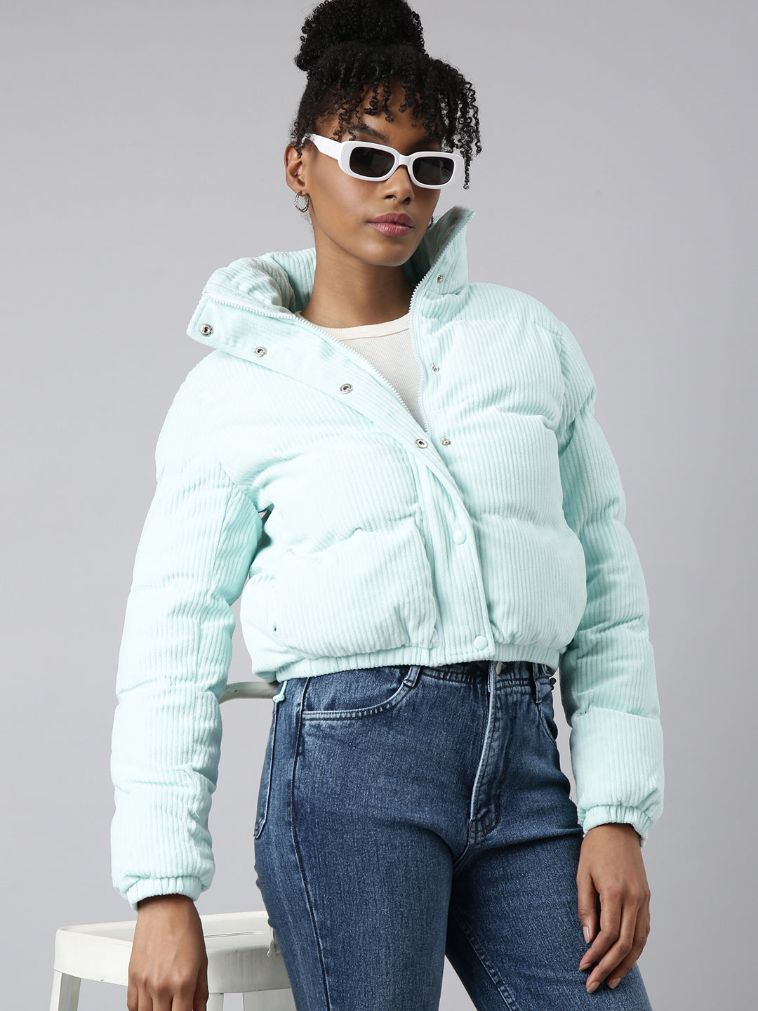 Women's Sea Green Mock Collar Crop Puffer Jacket