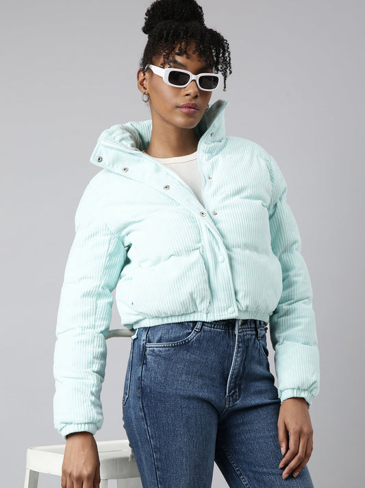 Women's Sea Green Mock Collar Crop Puffer Jacket
