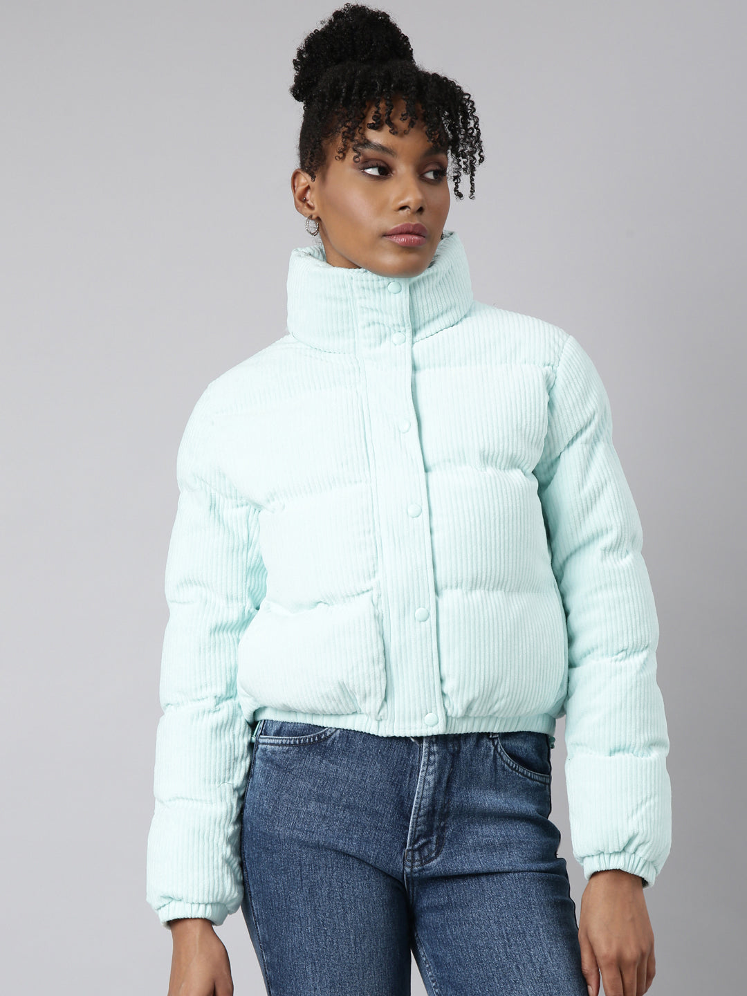 Women's Sea Green Mock Collar Crop Puffer Jacket