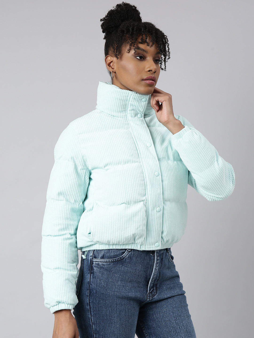 Women's Sea Green Mock Collar Crop Puffer Jacket
