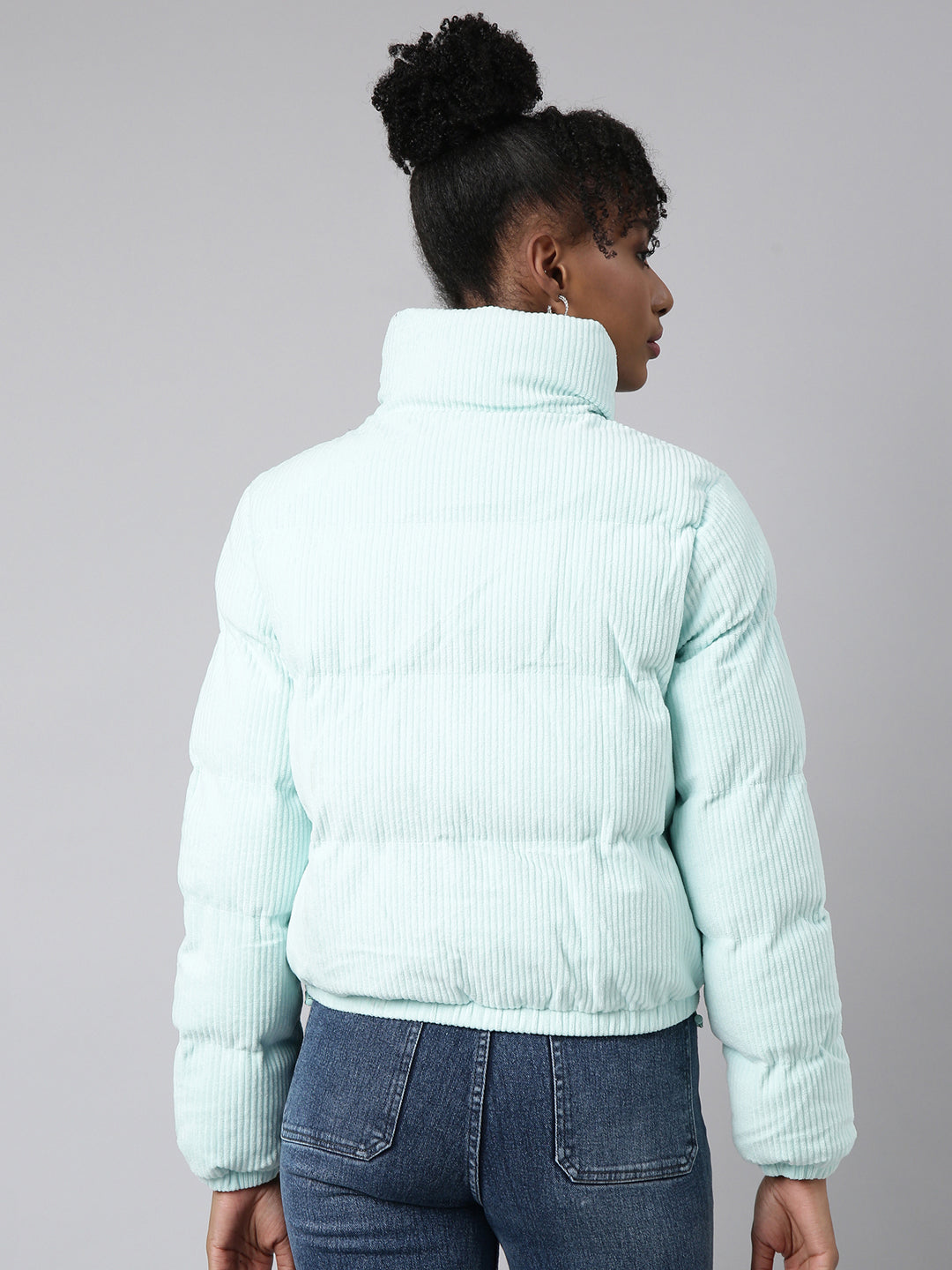 Women's Sea Green Mock Collar Crop Puffer Jacket