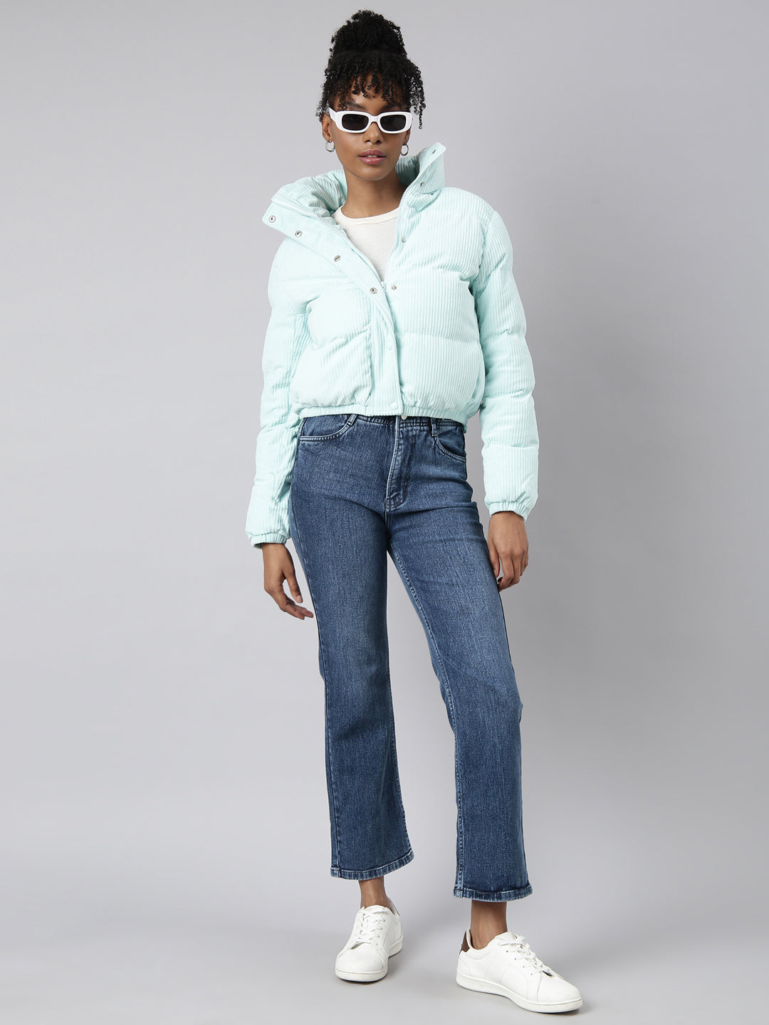 Women's Sea Green Mock Collar Crop Puffer Jacket
