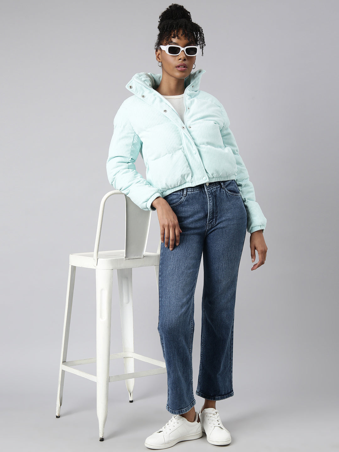 Women's Sea Green Mock Collar Crop Puffer Jacket