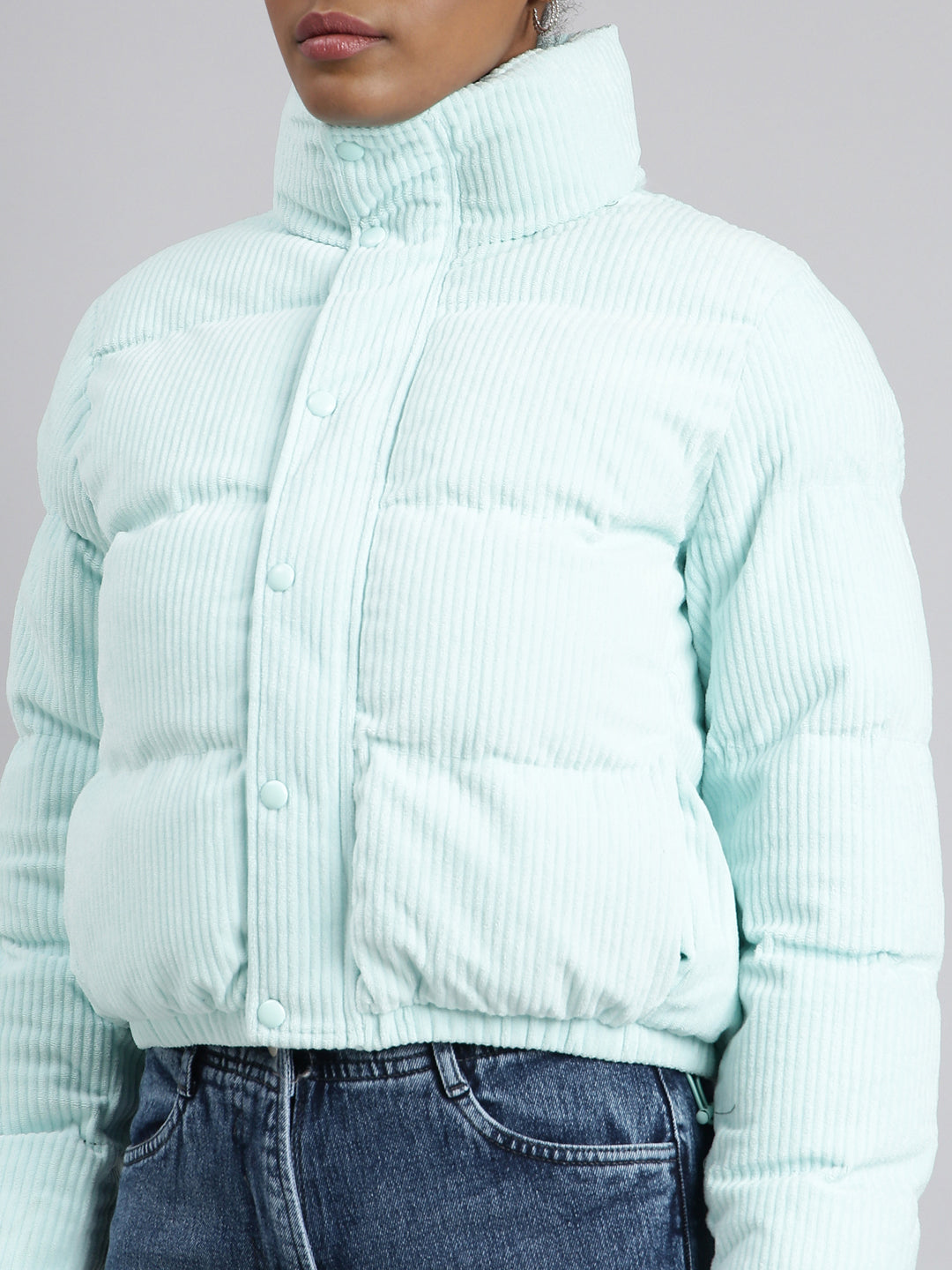 Women's Sea Green Mock Collar Crop Puffer Jacket