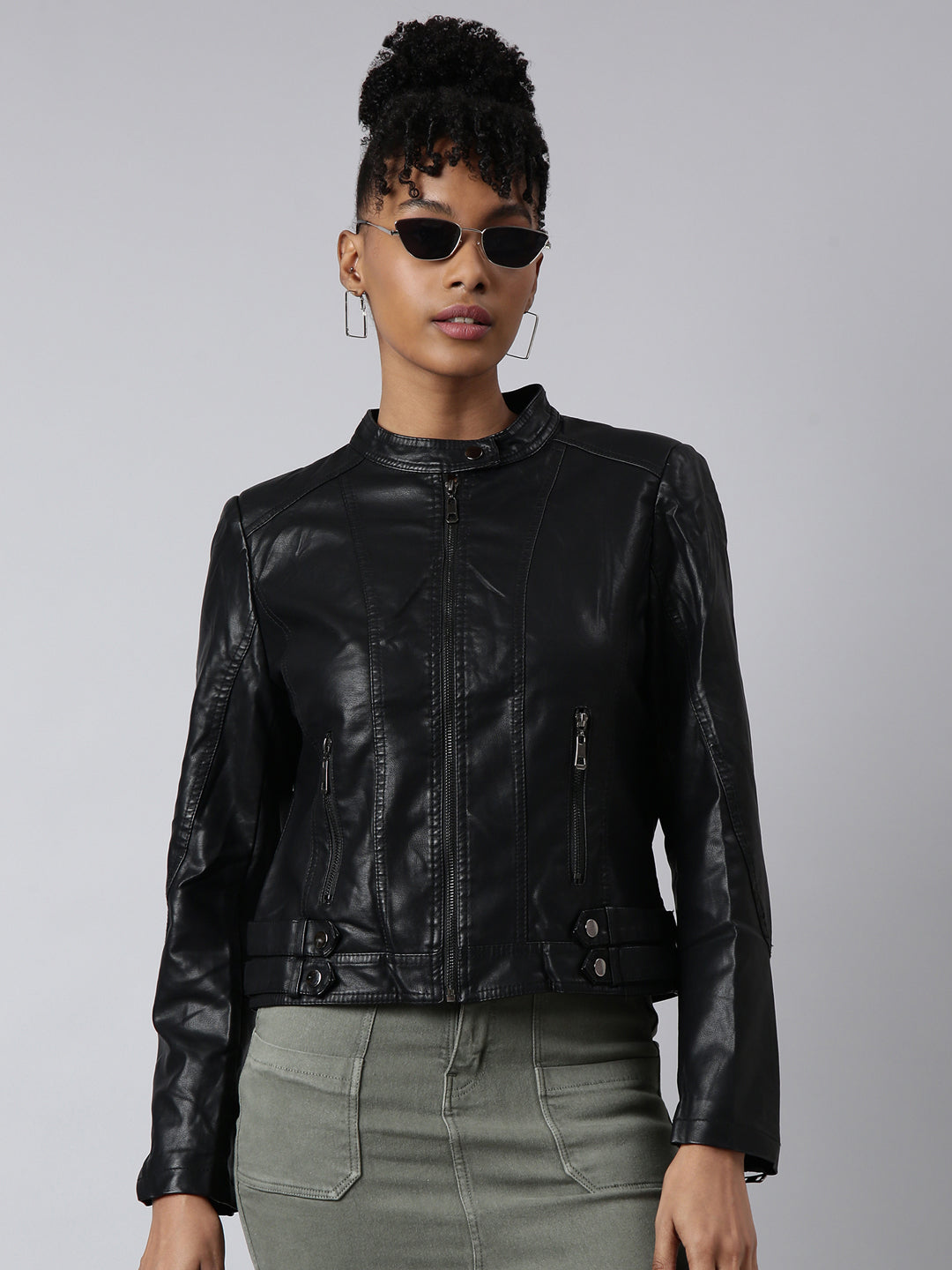 Women's Black Stand Collar Windcheater Biker Jacket