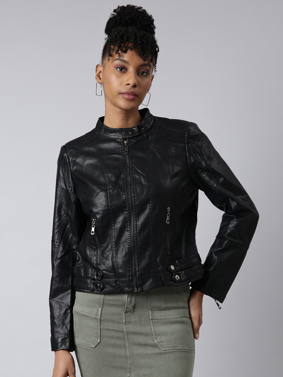 Women's Black Stand Collar Windcheater Biker Jacket