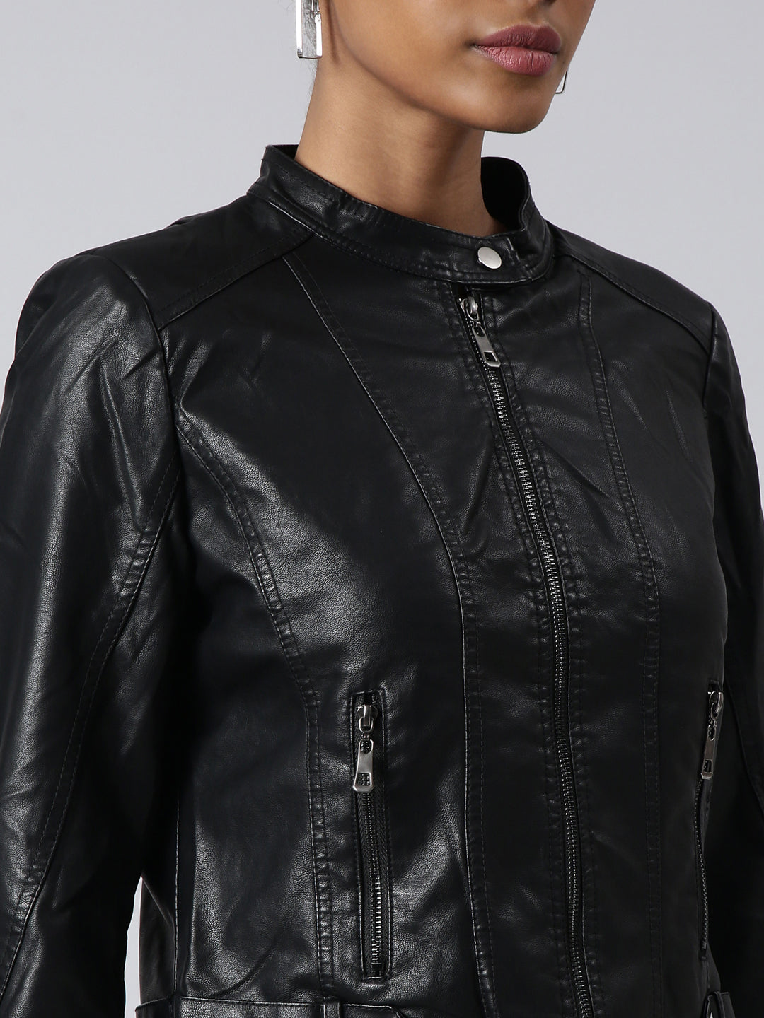Women's Black Stand Collar Windcheater Biker Jacket