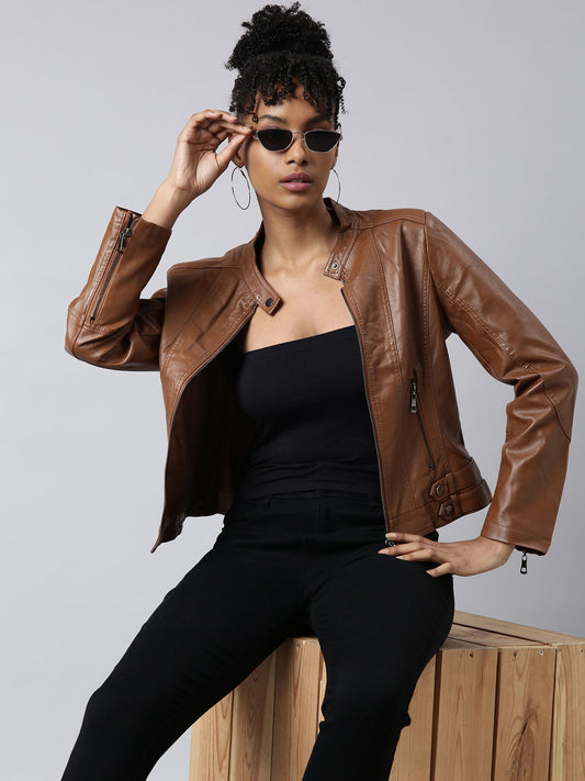 Women's Solid Brown Crop Biker Jacket