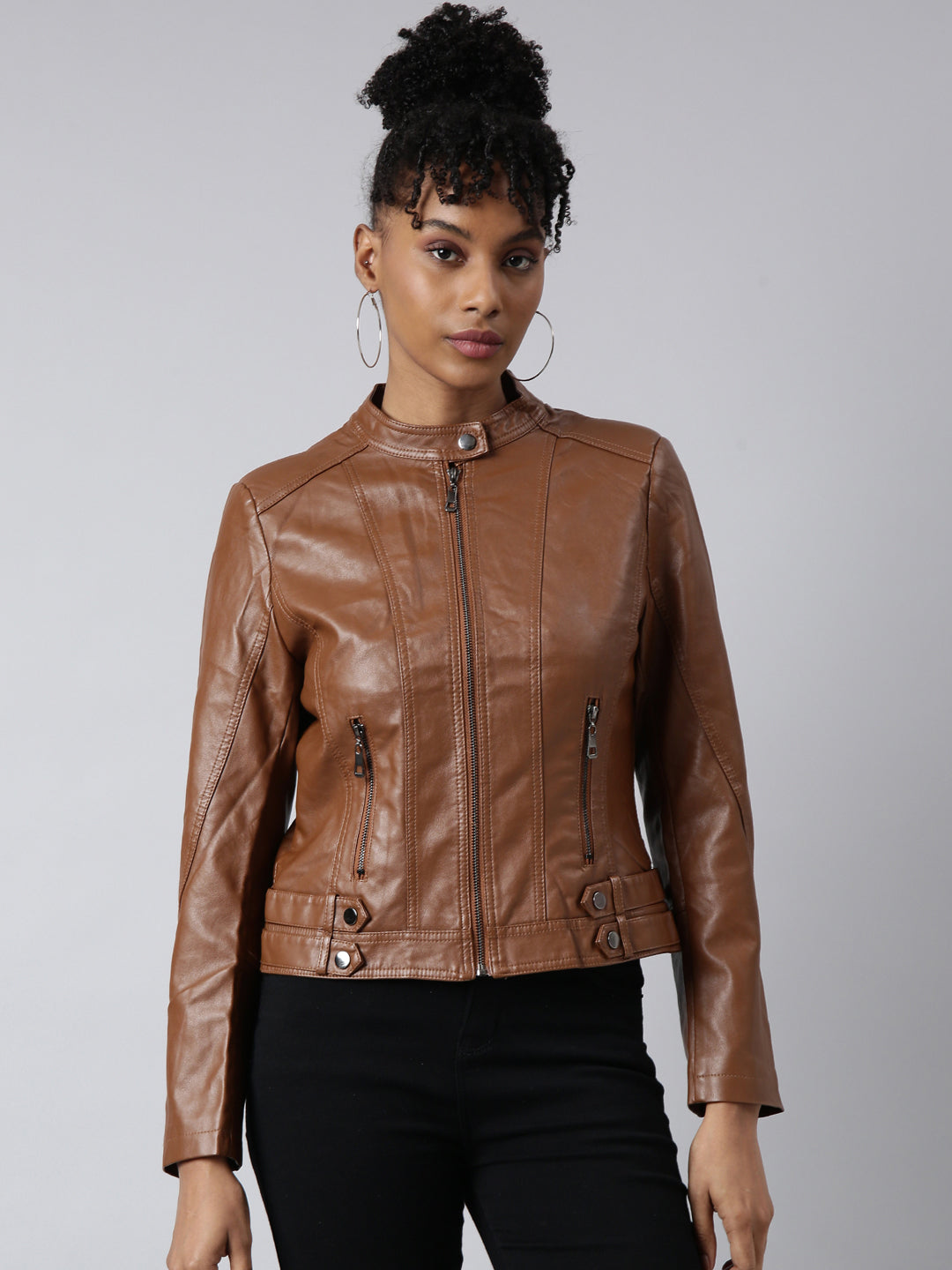 Women's Solid Brown Crop Biker Jacket