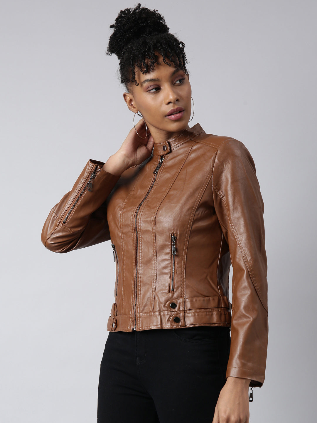 Women's Solid Brown Crop Biker Jacket