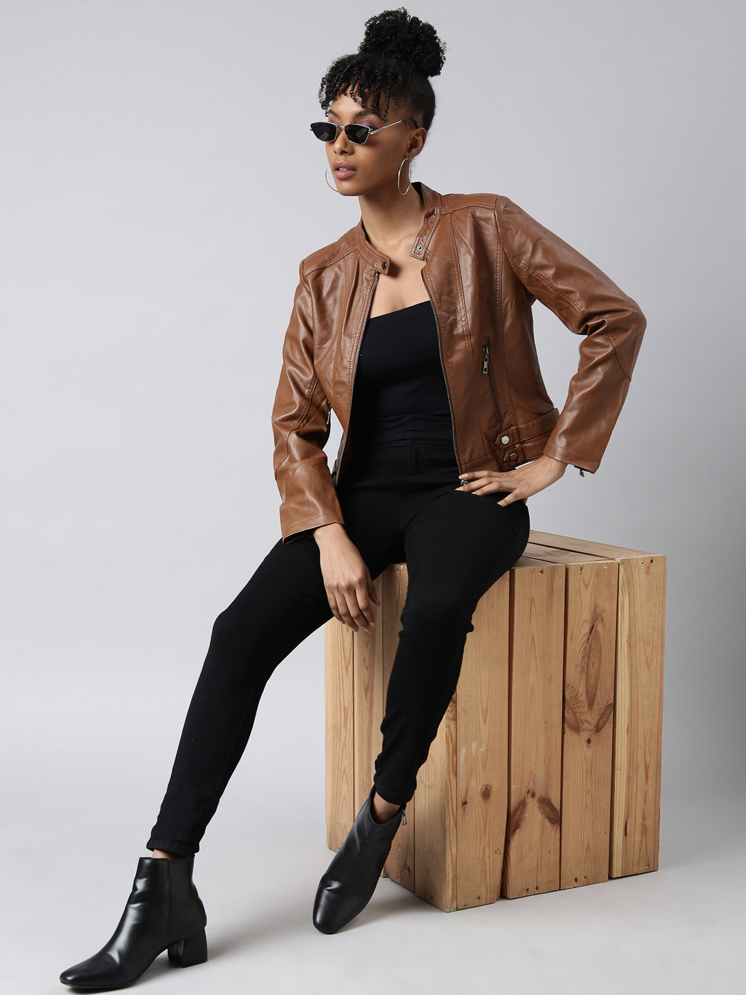 Women's Solid Brown Crop Biker Jacket